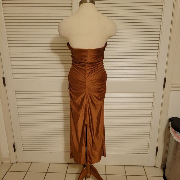 Ruched Strapless Satin Midi Dress Brown Lulu's Small Evening Cocktail - Picture 4 of 9